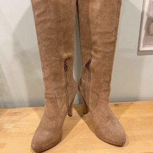 Michael Kors Tan Suede Platform Boots, tall heels, fold at knee, size 7.5
